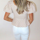 TAUPE HOUNDSTOOTH PEPLUM TOP