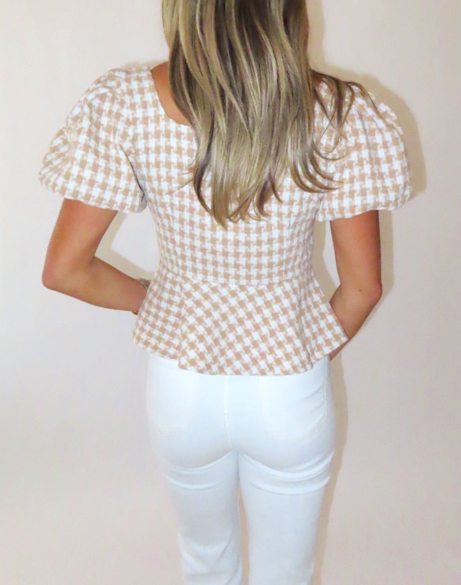 TAUPE HOUNDSTOOTH PEPLUM TOP