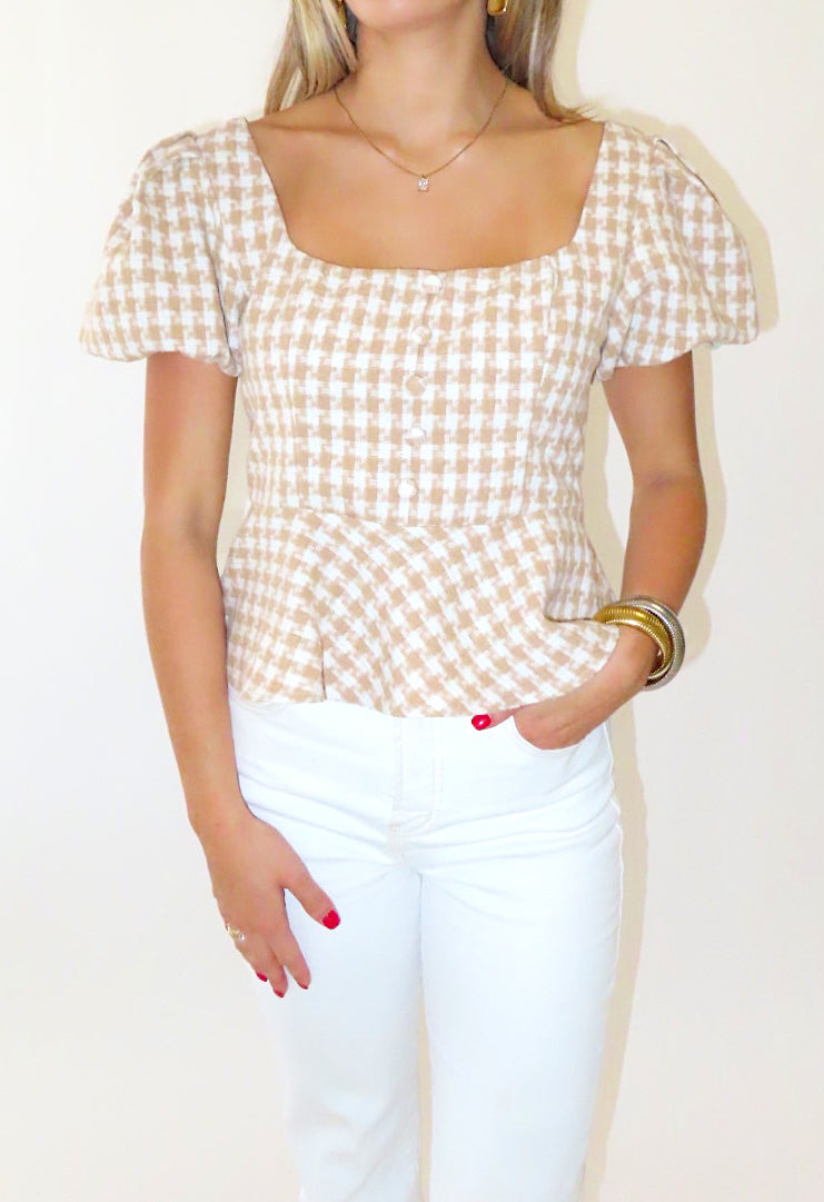 TAUPE HOUNDSTOOTH PEPLUM TOP