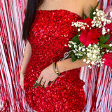 RED SEQUIN MINI STRAPLESS DRESS