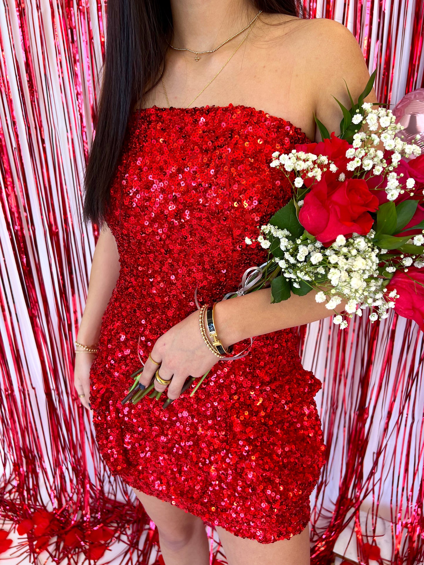 RED SEQUIN MINI STRAPLESS DRESS