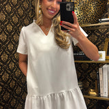 WHITE SOLID RUFFLE NECK DRESS