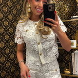 White Gold Lace Button Short Set