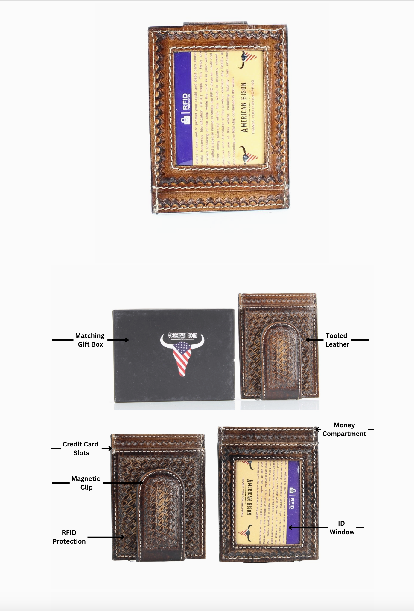 AMERICAN BISON TOOLED MONEY CLIP CARD CASE