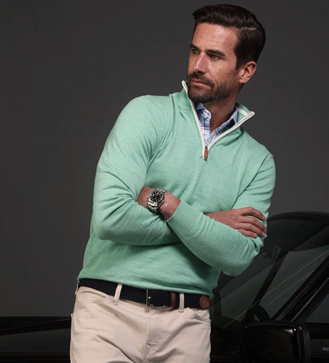 SEA GREEN LUXURY COTTON QUARTER ZIP SWEATER