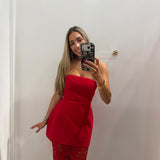 LBK RED STRAPLESS LACE MIDI DRESS
