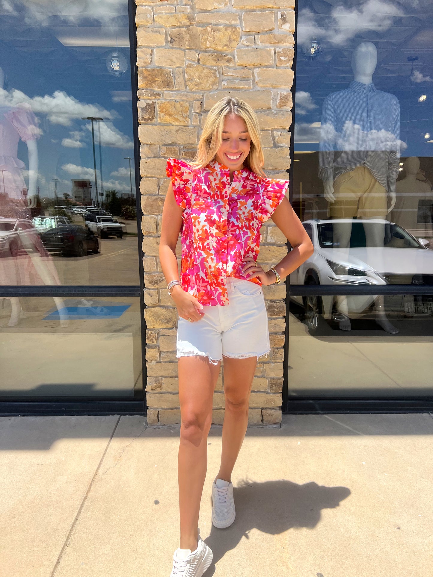 PINK/ ORANGE FLORAL PRINT RUFFLE TOP