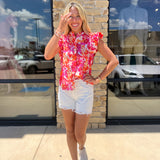 PINK/ ORANGE FLORAL PRINT RUFFLE TOP