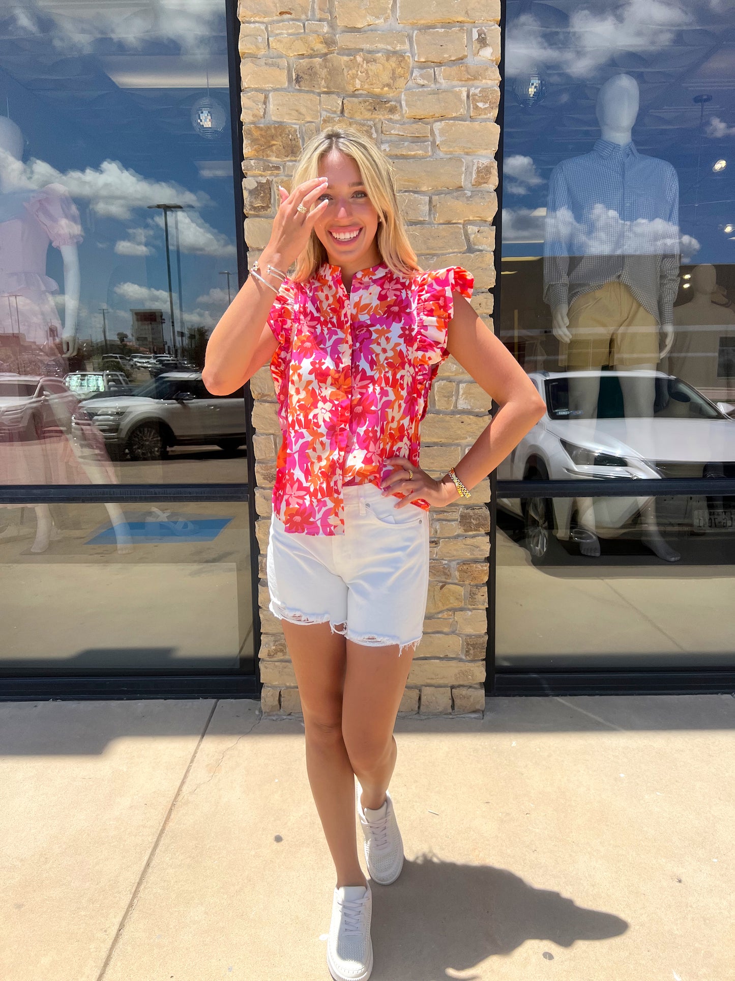 PINK/ ORANGE FLORAL PRINT RUFFLE TOP