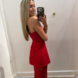LBK RED STRAPLESS LACE MIDI DRESS