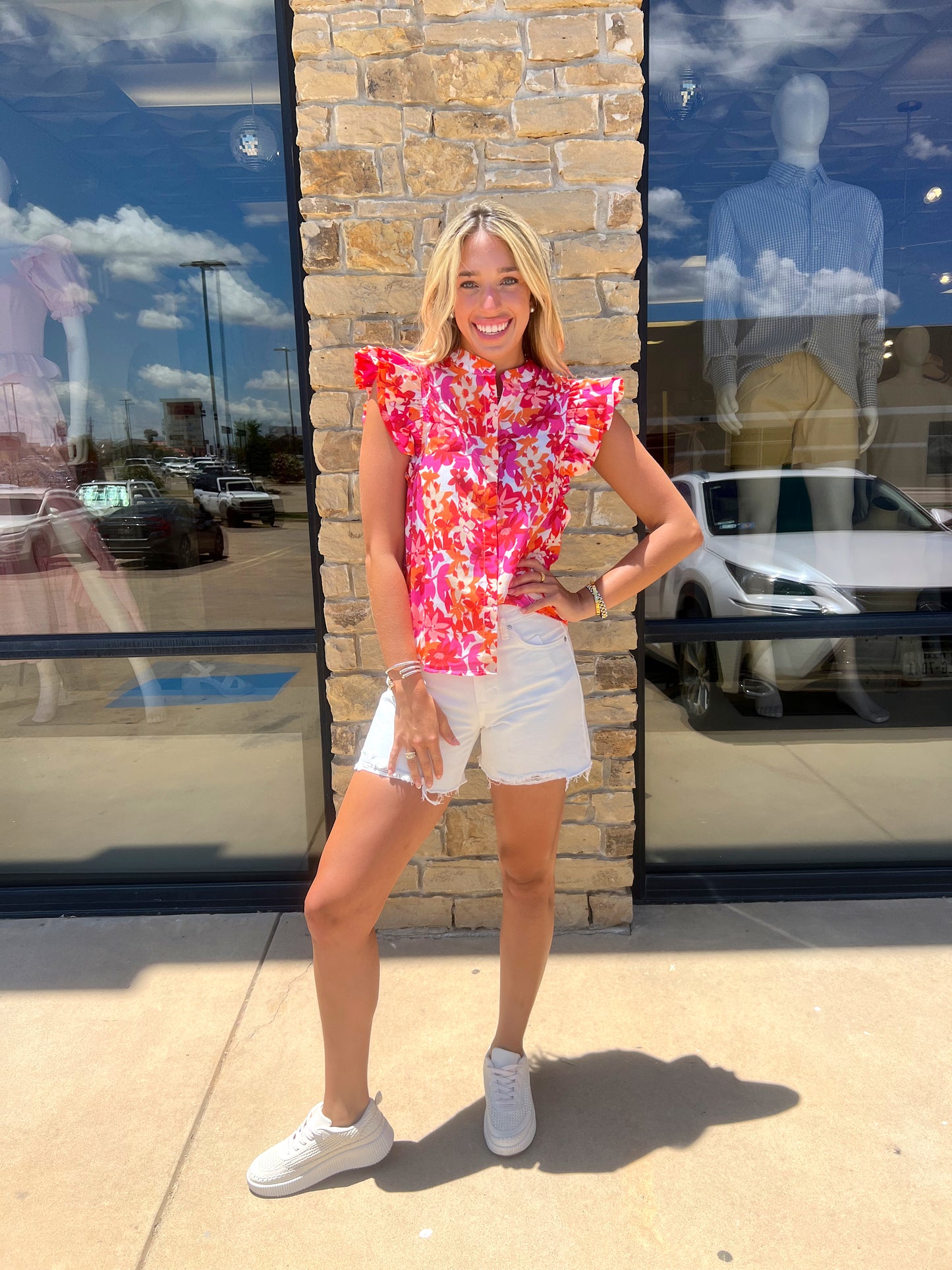 PINK/ ORANGE FLORAL PRINT RUFFLE TOP