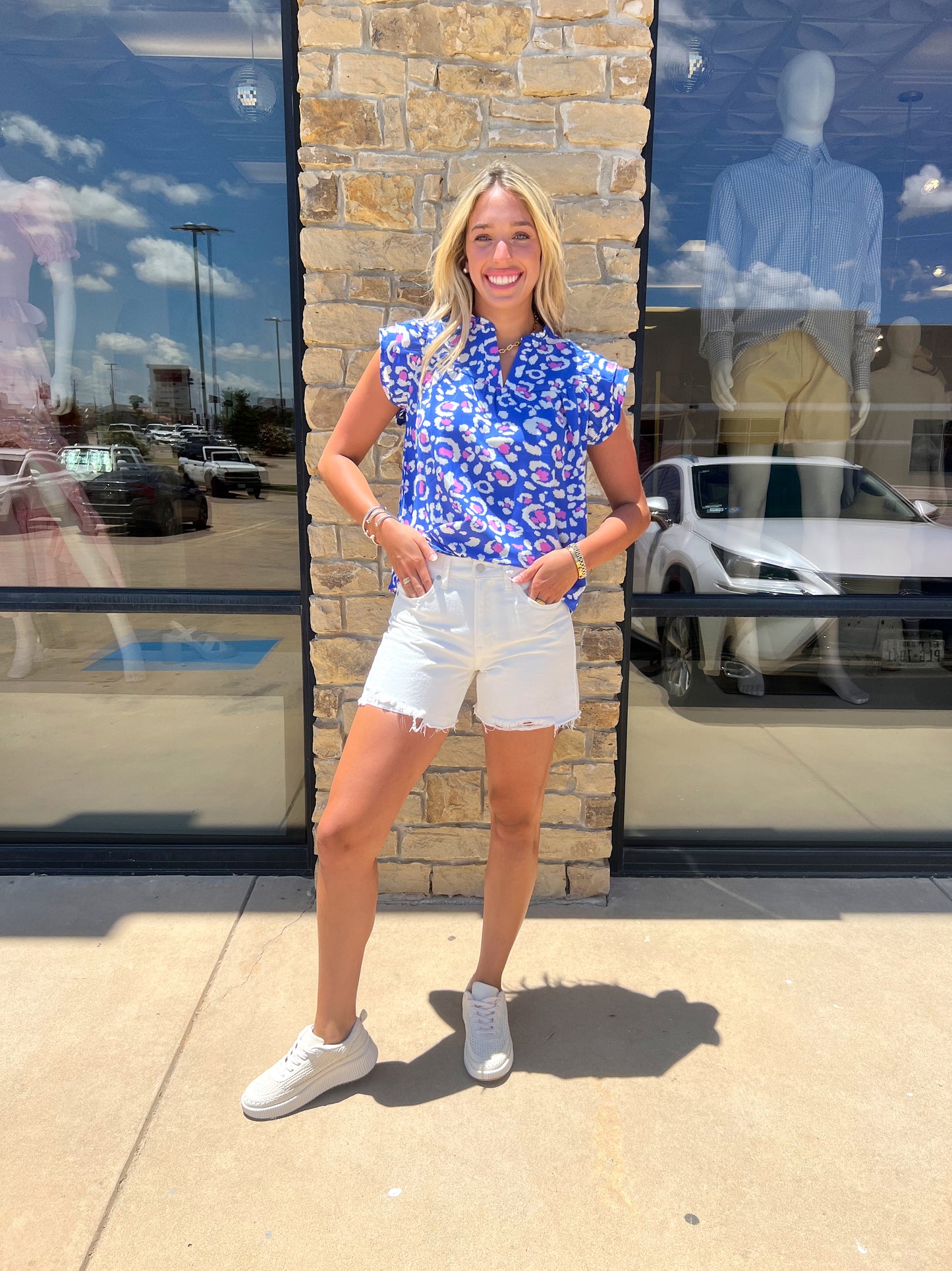 COBALT BLUE RUFFLE PRINT TOP