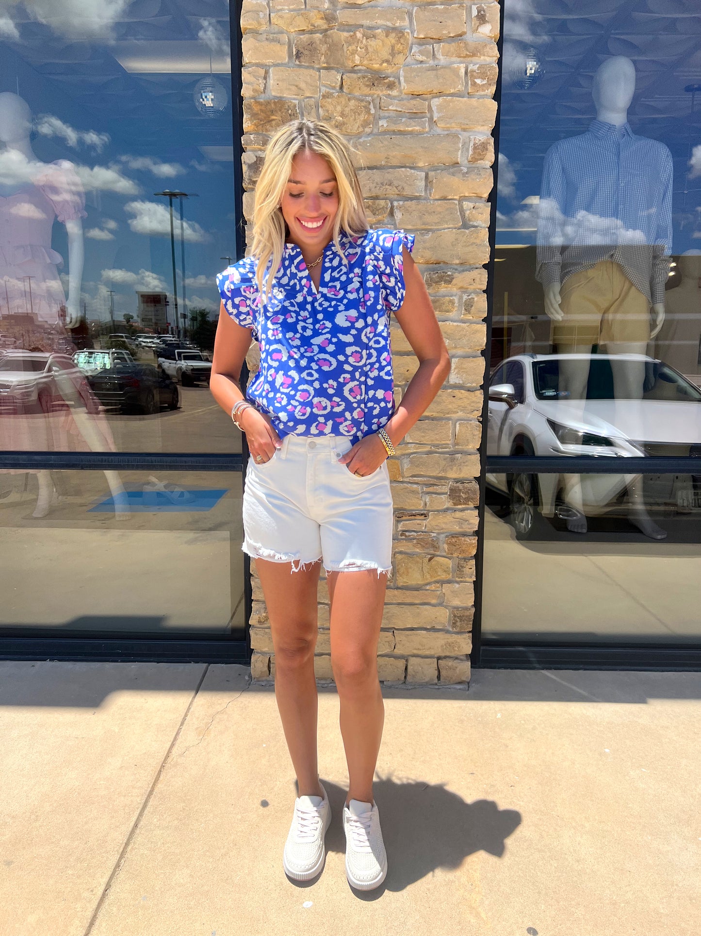 COBALT BLUE RUFFLE PRINT TOP