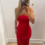 LBK RED STRAPLESS LACE MIDI DRESS
