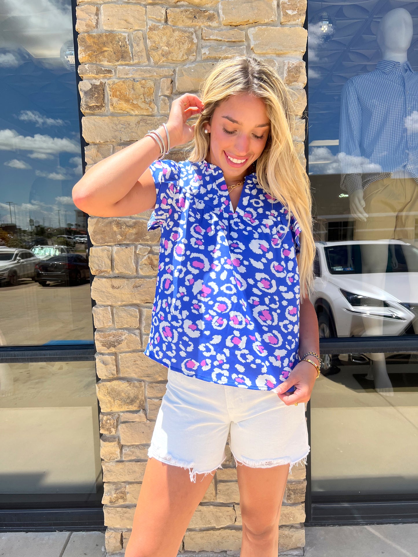 COBALT BLUE RUFFLE PRINT TOP