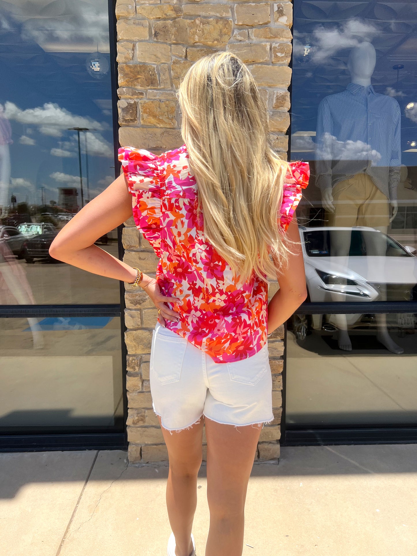 PINK/ ORANGE FLORAL PRINT RUFFLE TOP