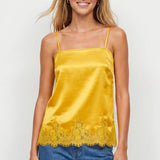 Square Neck Lace Trim Satin Cami: Black / M