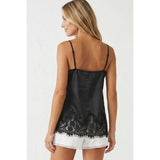 Square Neck Lace Trim Satin Cami: Black / S