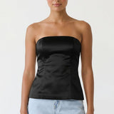 Tailored Long Satin Tube Top: Light Tan / S-M-L(3-2-1)